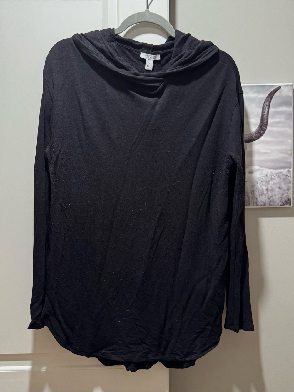 Black daily ritual top/tunic with a hood. Large